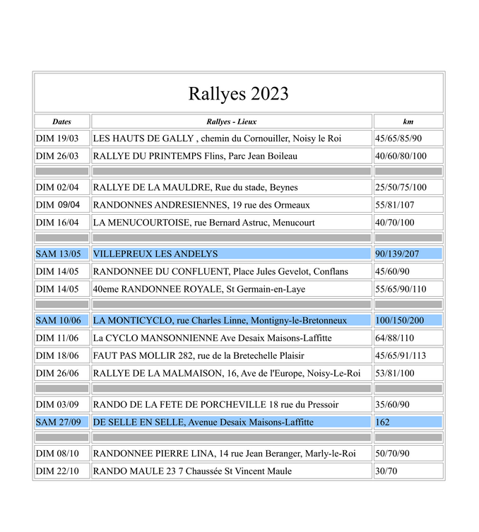 calendrier des sorties 2023